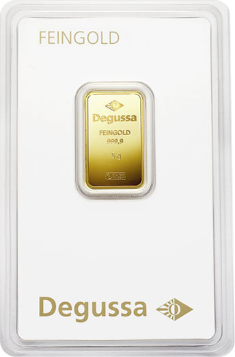 Vorderseite Goldbarren 5 Gramm in spezieller Blisterkarte mit Zertifikat, der Hersteller Degussa