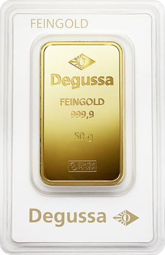 Vorderseite Goldbarren 50 Gramm in spezieller Blisterkarte mit Zertifikat, der Hersteller Degussa