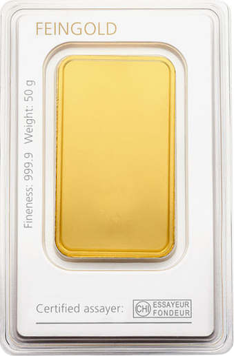 Rückseite Goldbarren 50 Gramm in spezieller Blisterkarte mit Zertifikat, der Hersteller Degussa