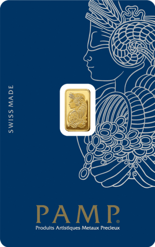 Vorderseite Goldbarren Suisse Fortuna 1 Gramm in spezieller Blisterkarte mit Zertifikat, der Hersteller PAMP