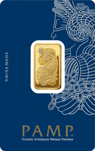 Vorderseite Goldbarren Suisse Fortuna 10 Gramm in spezieller Blisterkarte mit Zertifikat, der Hersteller PAMP