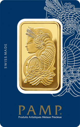 Vorderseite Goldbarren Suisse Fortuna 100 Gramm in spezieller Blisterkarte mit Zertifikat, der Hersteller PAMP