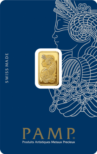 Vorderseite Goldbarren Suisse Fortuna 2,5 Gramm in spezieller Blisterkarte mit Zertifikat, der Hersteller PAMP