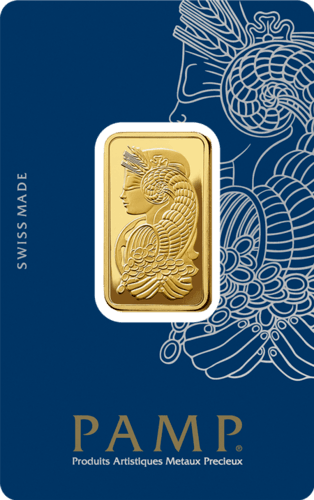 Vorderseite Goldbarren Suisse Fortuna 20 Gramm in spezieller Blisterkarte mit Zertifikat, der Hersteller PAMP