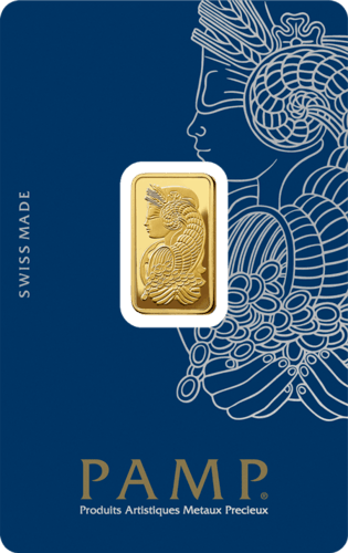 Vorderseite Goldbarren Suisse Fortuna 5 Gramm in spezieller Blisterkarte mit Zertifikat, der Hersteller PAMP