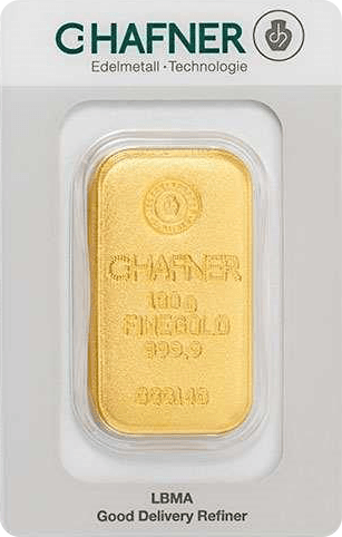 Vorderseite Goldbarren 100 Gramm in spezieller Blisterkarte mit Zertifikat, der Hersteller C. Hafner