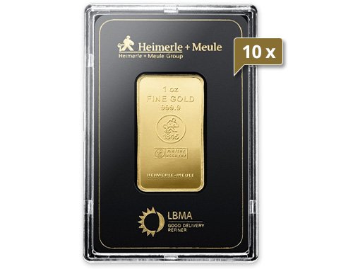 10 x 1 Unze Goldbarren Heimerle und Meule geprägt