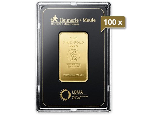 100 x 1 Unze Goldbarren Heimerle und Meule geprägt