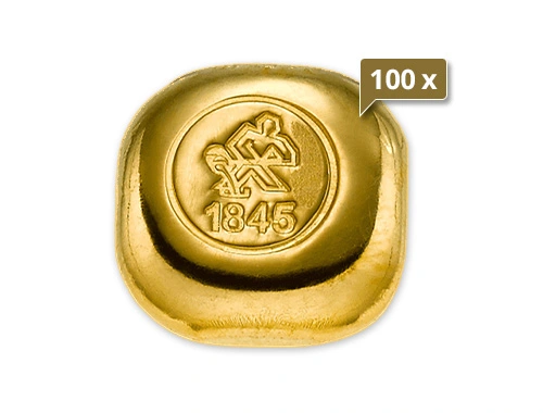 100 x 10 g Goldbarren Heimerle und Meule gegossen