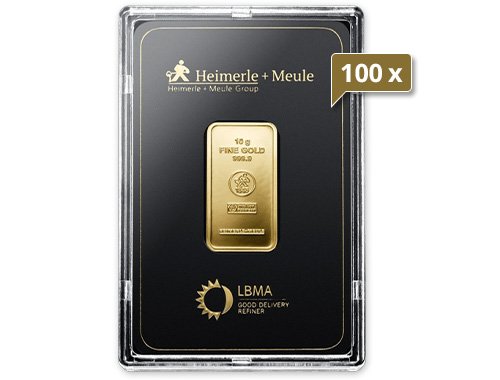 100 x 10 g Goldbarren Heimerle und Meule geprägt