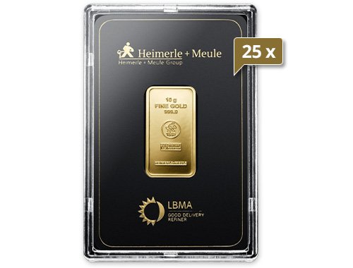 25 x 10 g Goldbarren Heimerle und Meule geprägt