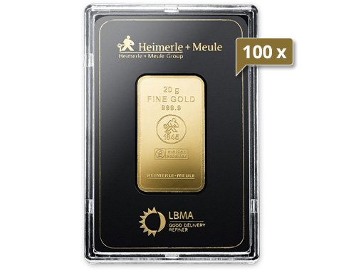 100 x 20 g Goldbarren Heimerle und Meule geprägt