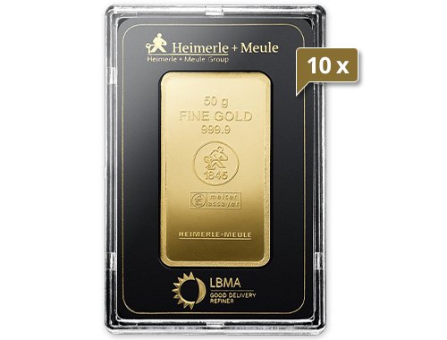 10 x 50 g Goldbarren Heimerle und Meule geprägt