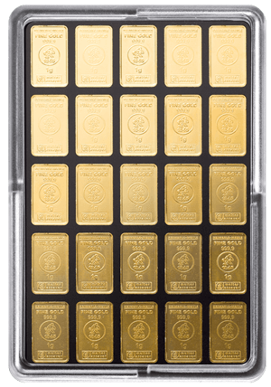 Vorderseite Goldbarren UnityBar25x1 Gramm in durchsichtiger Plastikkapsel, der Hersteller Heimerle & Meule