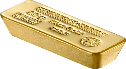 Seitensicht Goldbarren 20 Gramm, der Hersteller Heimerle & Meule