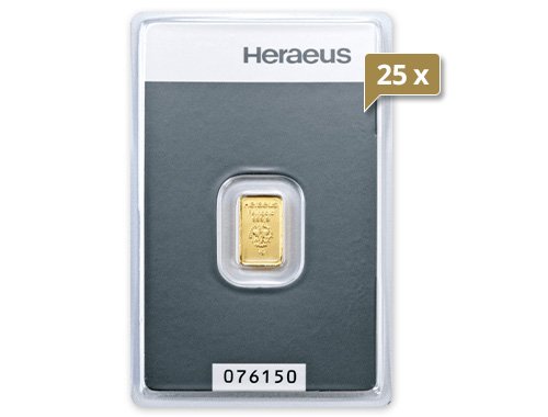 25 x 1 g Goldbarren Heraeus