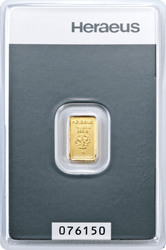 Vorderseite Goldbarren 1 Gramm in spezieller Blisterkarte mit Zertifikat, der Hersteller Heraeus