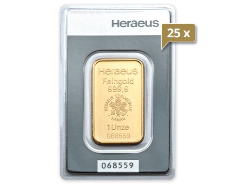 25 x 1 Unze Goldbarren Heraeus