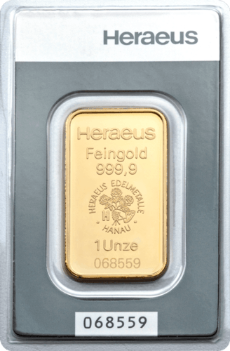 Vorderseite Goldbarren 1 Unze in spezieller Blisterkarte mit Zertifikat, der Hersteller Heraeus