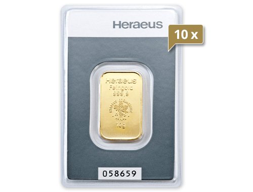 10 x 10 g Goldbarren Heraeus