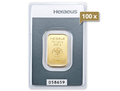 100 x 10 g Goldbarren Heraeus
