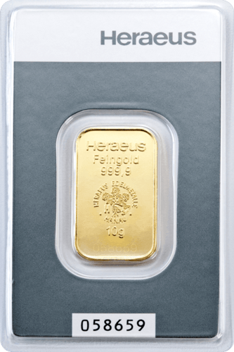 Vorderseite Goldbarren 10 Gramm in spezieller Blisterkarte mit Zertifikat, der Hersteller Heraeus