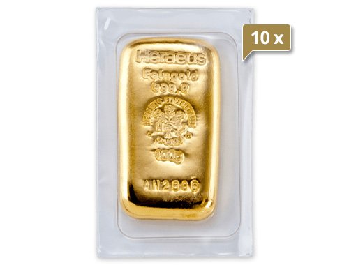 10 x 100 g Goldbarren Heraeus gegossen