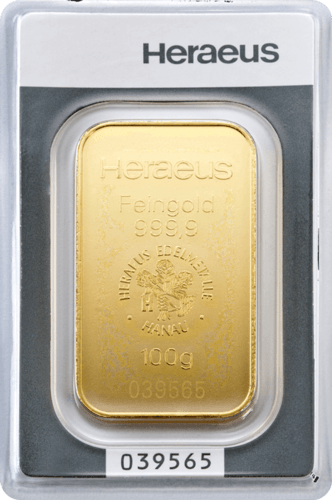 Vorderseite Goldbarren 100 Gramm in spezieller Blisterkarte mit Zertifikat, der Hersteller Heraeus