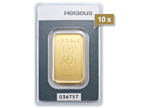 10 x 20 g Goldbarren Heraeus