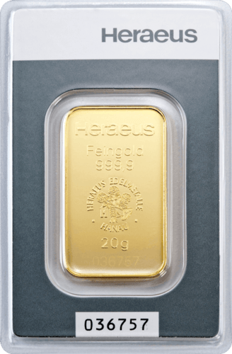 Vorderseite Goldbarren 20 Gramm in spezieller Blisterkarte mit Zertifikat, der Hersteller Heraeus