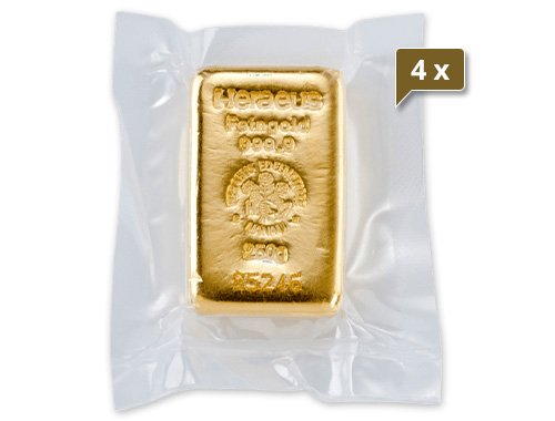 4 x 250 g Goldbarren Heraeus