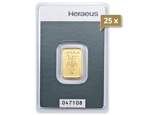 25 x 5 g Goldbarren Heraeus