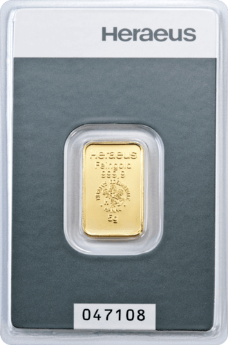 Vorderseite Goldbarren 5 Gramm in spezieller Blisterkarte mit Zertifikat, der Hersteller Heraeus