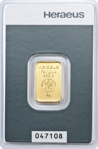 Vorderseite Goldbarren 5 Gramm in spezieller Blisterkarte mit Zertifikat, der Hersteller Heraeus