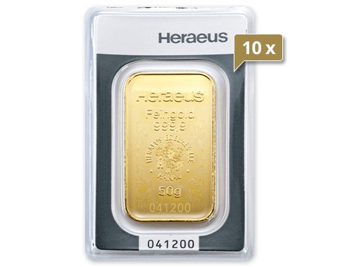 10 x 50 g Goldbarren Heraeus