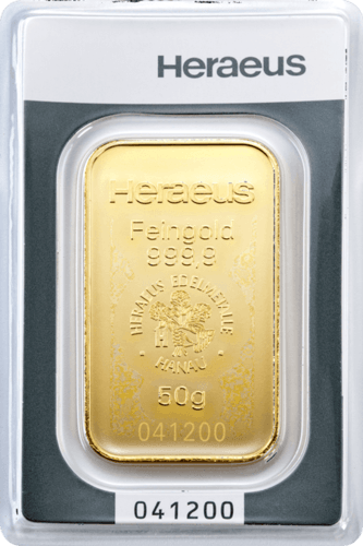 Vorderseite Goldbarren 50 Gramm in spezieller Blisterkarte mit Zertifikat, der Hersteller Heraeus