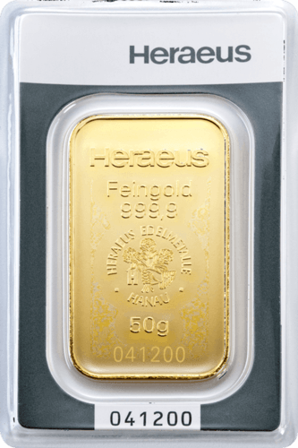 Vorderseite Goldbarren 50 Gramm in spezieller Blisterkarte mit Zertifikat, der Hersteller Heraeus