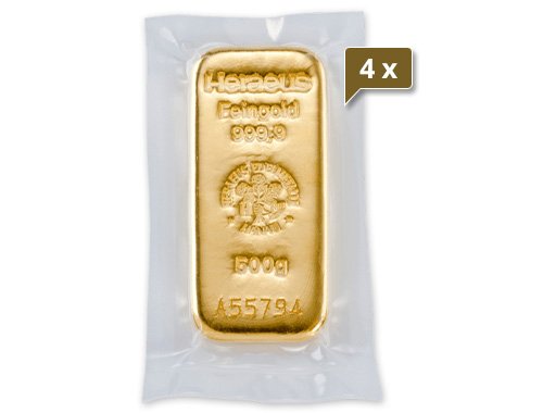 4 x 500 g Goldbarren Heraeus