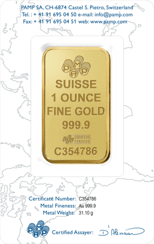 Vorderseite Goldbarren Suisse 1 Unze in spezieller Blisterkarte mit Zertifikat, der Hersteller PAMP