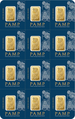 Vorderseite Goldbarren Multigram Goldtafel Suisse Fortuna 12x1 Gramm in spezieller Blisterkarte mit Zertifikat, der Hersteller PAMP