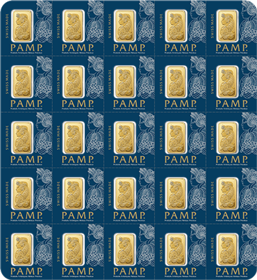 Vorderseite Goldbarren Multigram Goldtafel Suisse Fortuna 25x1 Gramm in spezieller Blisterkarte mit Zertifikat, der Hersteller PAMP