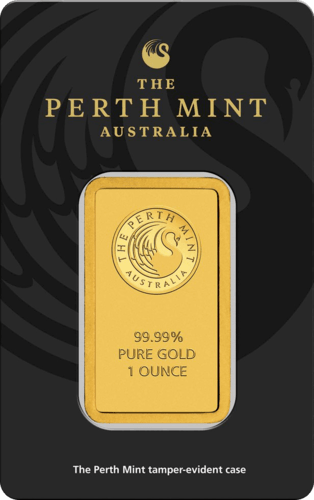 Vorderseite Goldbarren 1 Unze in spezieller Blisterkarte mit Zertifikat, der Hersteller Perth Mint