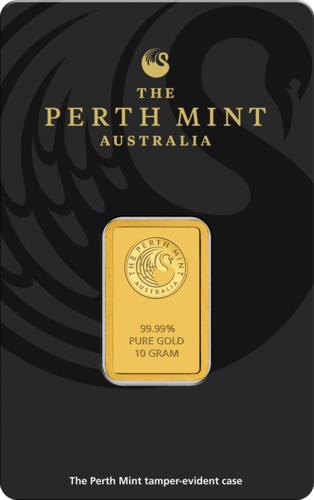 Vorderseite Goldbarren 10 Gramm in spezieller Blisterkarte mit Zertifikat, der Hersteller Perth Mint
