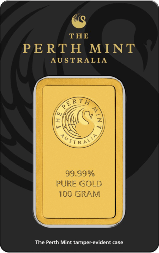 Vorderseite Goldbarren 100 Gramm in spezieller Blisterkarte mit Zertifikat, der Hersteller Perth Mint
