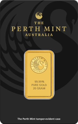 Vorderseite Goldbarren 20 Gramm in spezieller Blisterkarte mit Zertifikat, der Hersteller Perth Mint