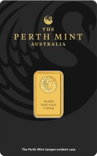 Vorderseite in spezieller Blisterkarte mit Zertifikat Goldbarren 5 Gramm, der Hersteller Perth Mint