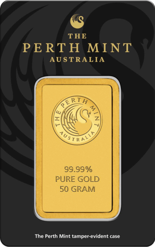 Vorderseite Goldbarren 50 Gramm in spezieller Blisterkarte mit Zertifikat, der Hersteller Perth Mint