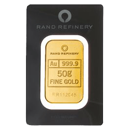 Vorderseite Goldbarren Rand Refinery 50 Gramm, der Hersteller Rand Refinery Südafrika