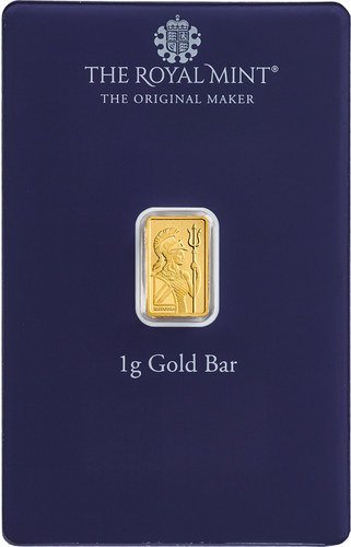 Vorderseite Goldbarren Britannia Best Wishes 1 g in spezieller Blisterkarte mit Zertifikat, der Hersteller Royal Mint