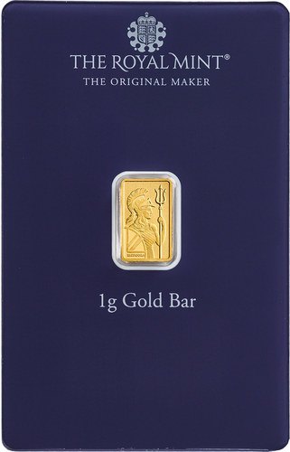 Vorderseite Goldbarren Britannia Best Wishes 1 g in spezieller Blisterkarte mit Zertifikat, der Hersteller Royal Mint